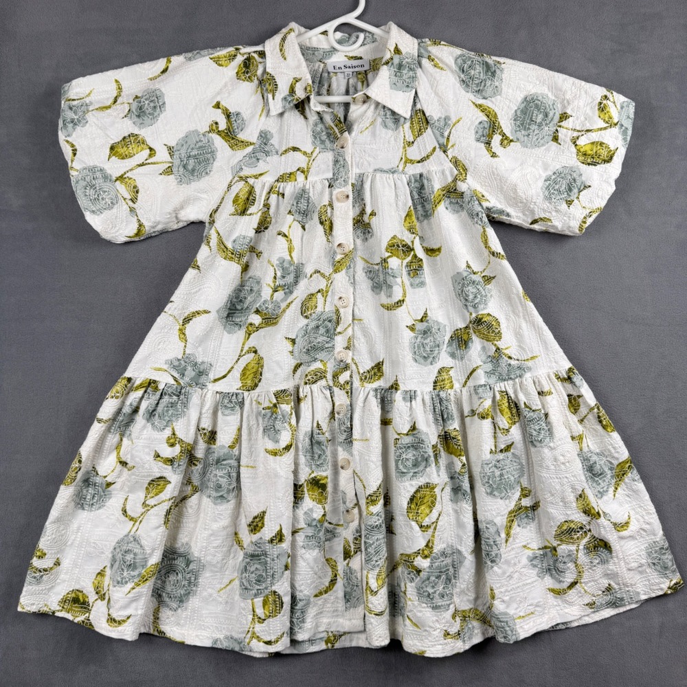 En Saison Floral Tiered Mini Dress White Green Puff Sleeve Eyelet XS IES2993D